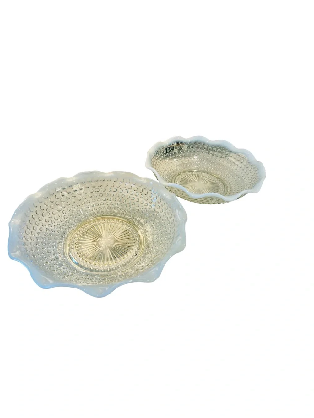 Anchor Hocking Moonstone Opalescent Hobnail Ruffled Serving Bowls Set of 2 9.5”